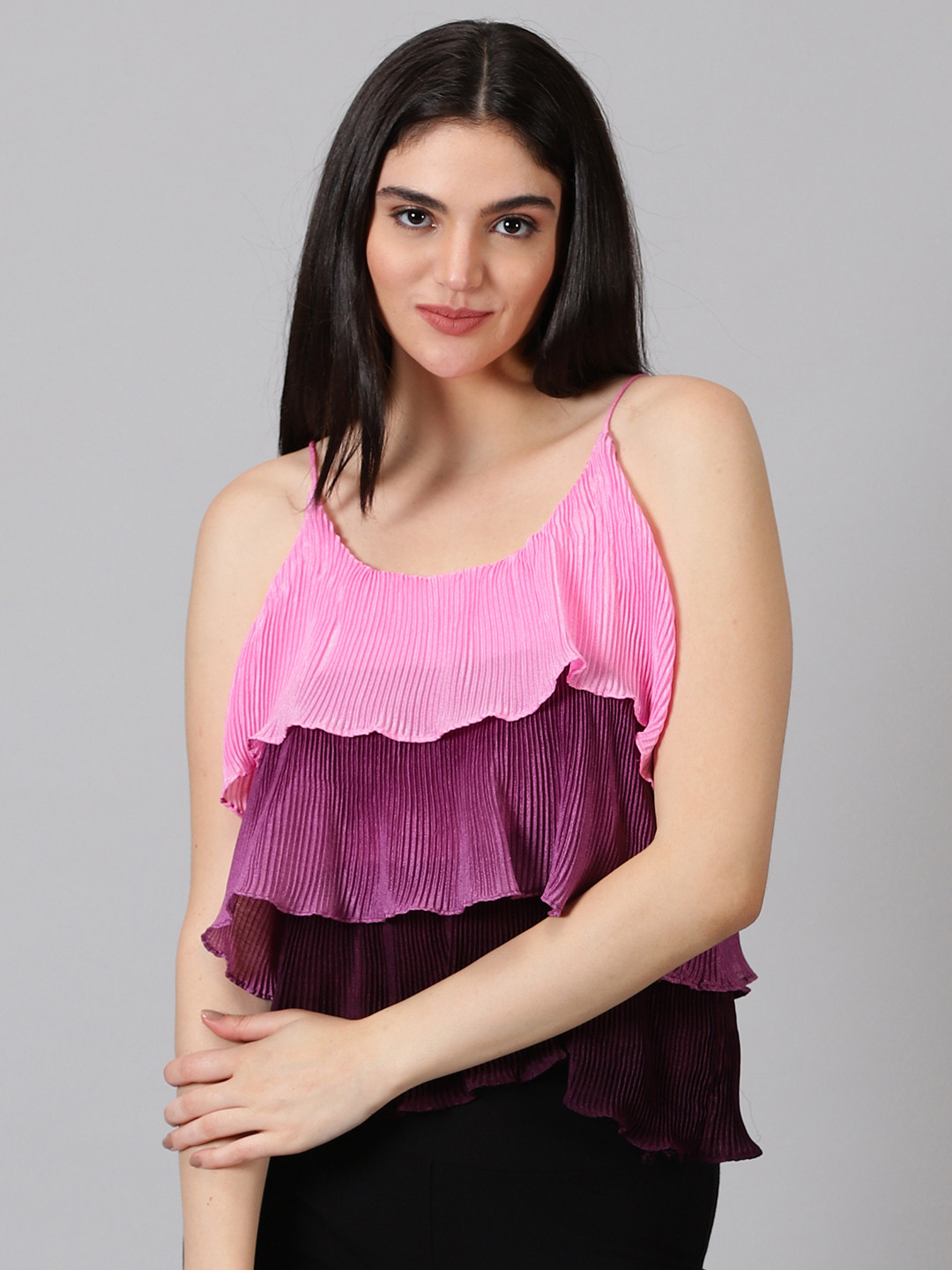 Jilmil Colourblock Ruffled Cotton Tiered Slip On Top