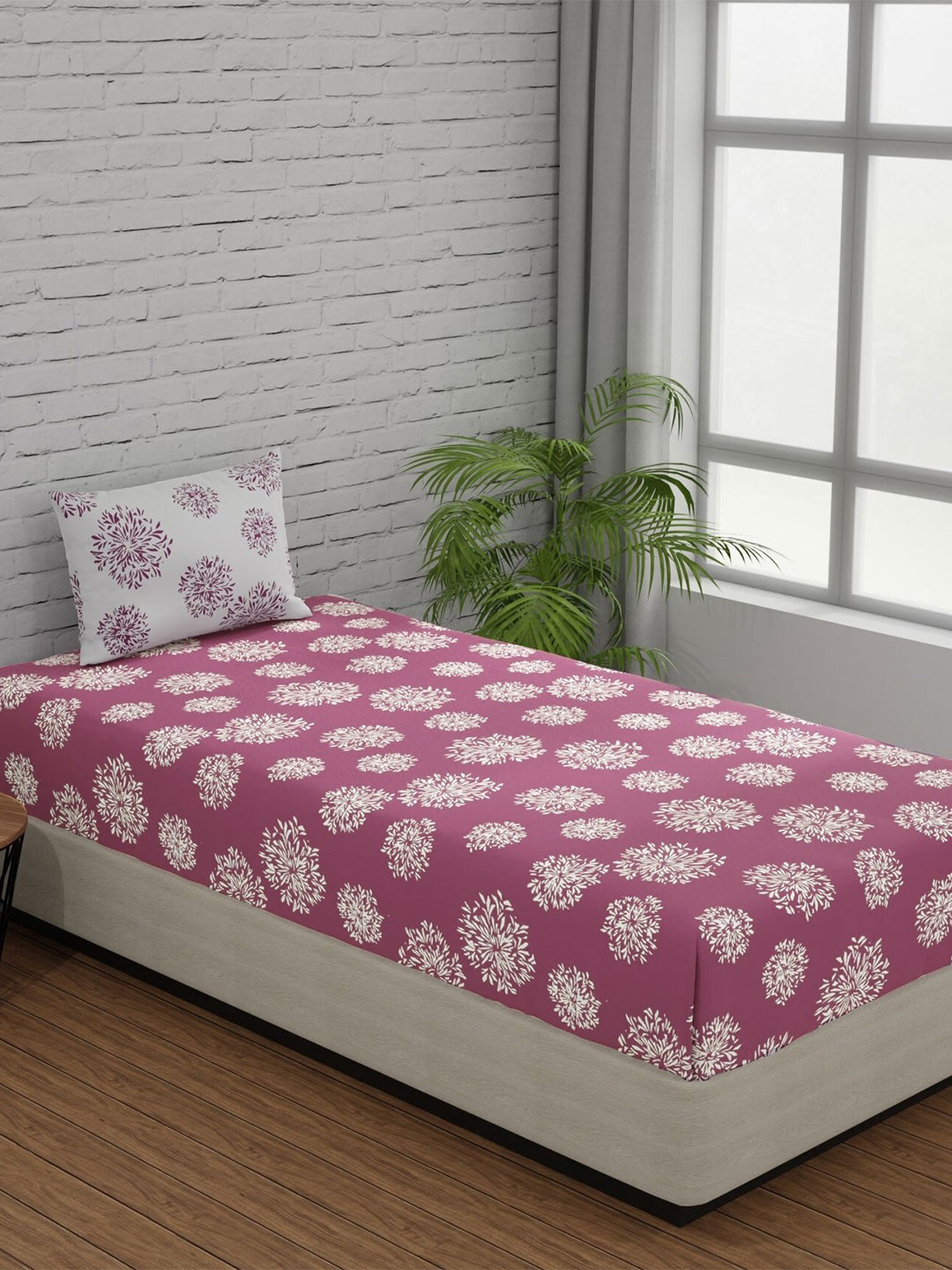 Huesland Comfort Mauve & White Printed 144 TC Cotton Single Bedsheet & 1 Pillow Cover