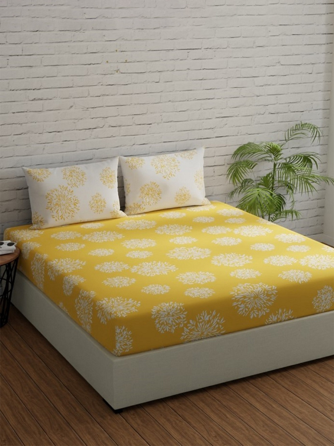Huesland Comfort Yellow Floral Cotton 144 TC King Bedsheet with 2 Pillow Covers-108 x 108 inches