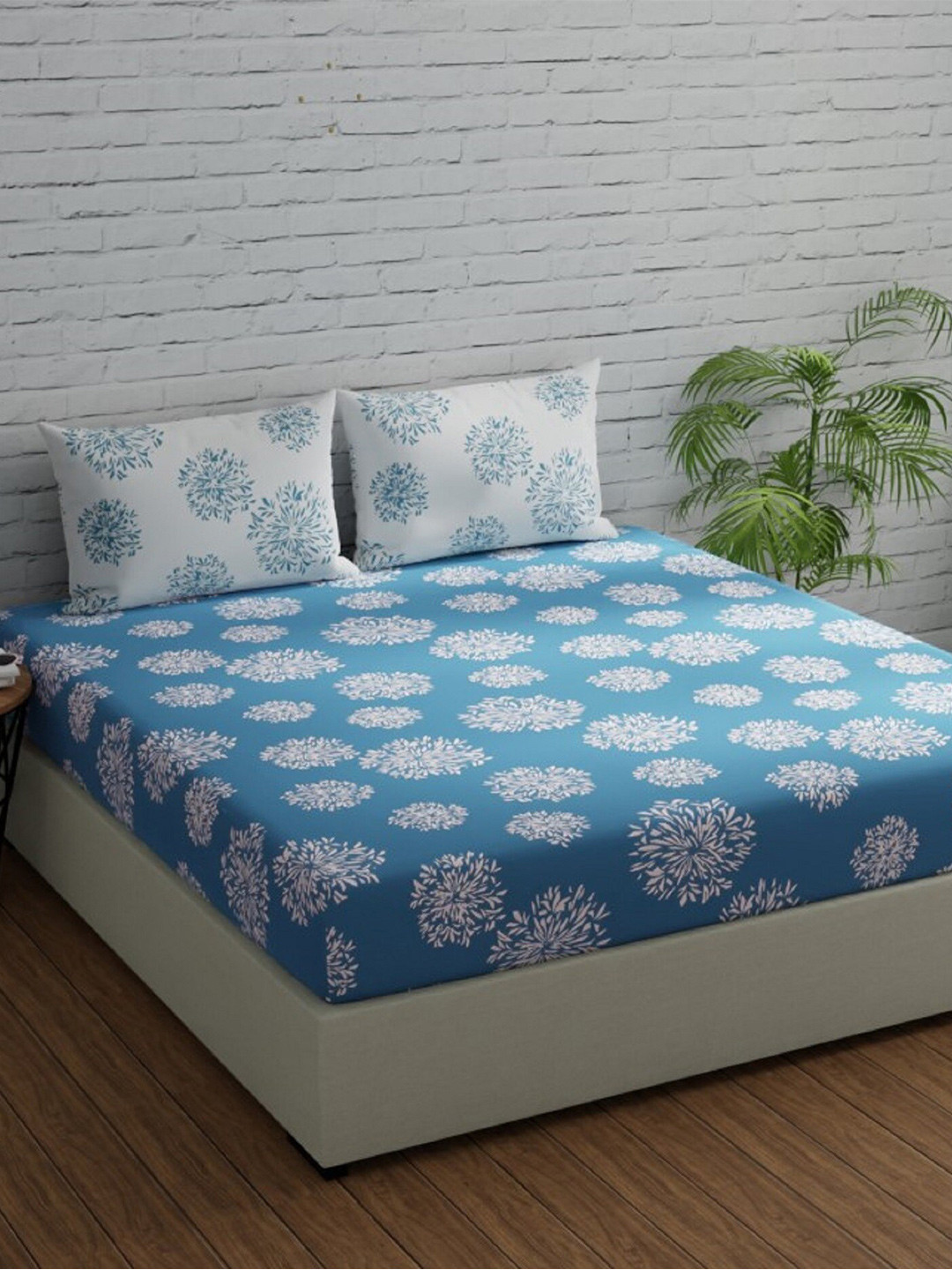 Huesland Comfort Blue Floral Cotton 144 TC Queen Bedsheet with 2 Pillow Covers-96 x 88 inches