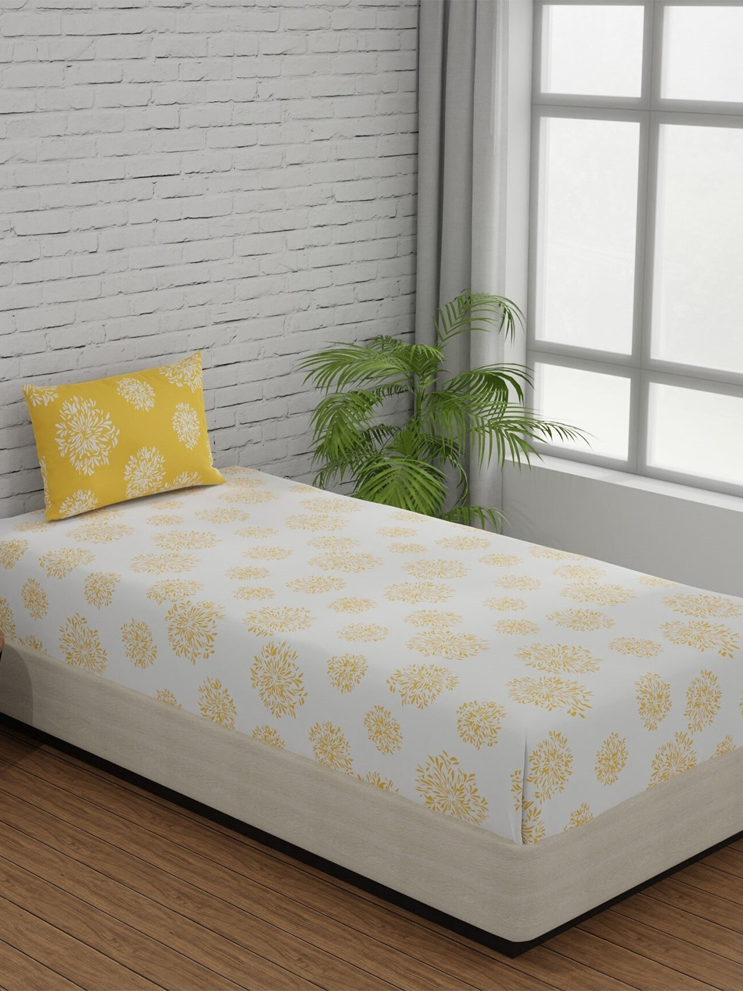 Huesland White Floral Cotton 144 TC Single Bedsheet with a Pillow Cover-90 x 55 inches