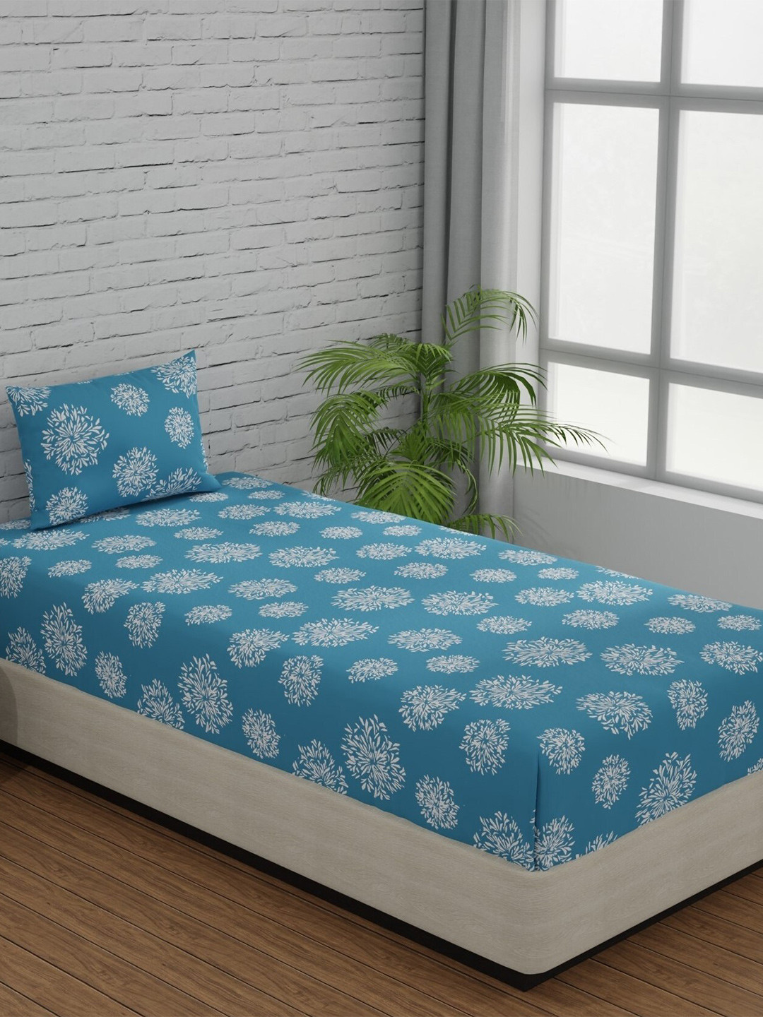Huesland Comfort Blue Floral Cotton 144 TC Single Bedsheet with a Pillow Cover-88 x 55 inches