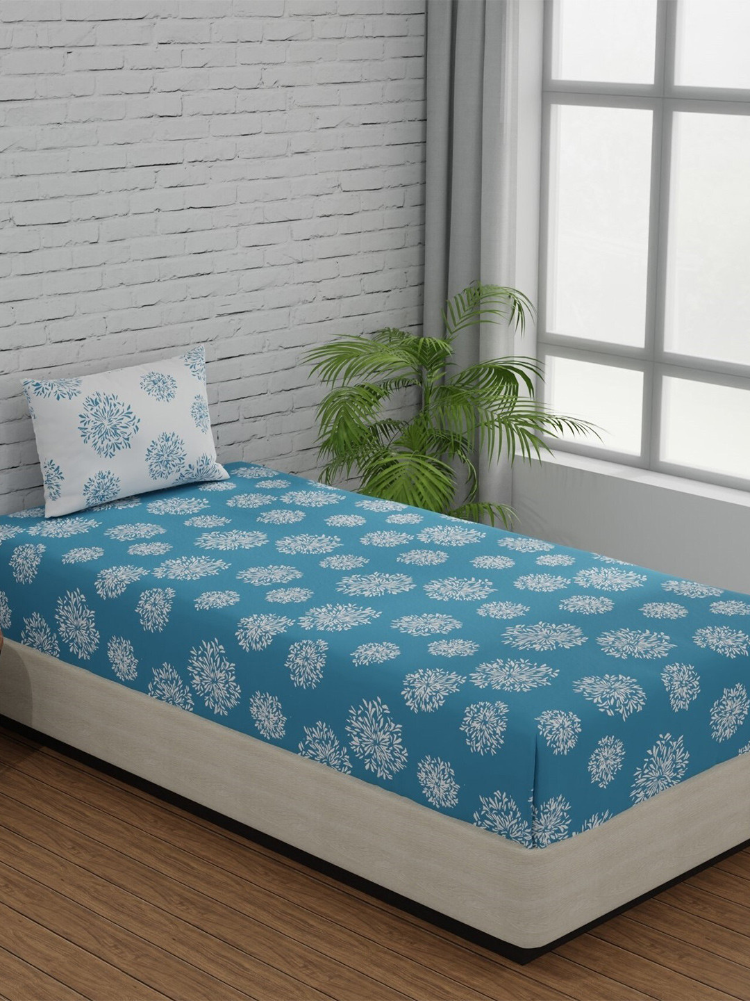 Huesland Comfort Blue Floral Cotton 144 TC Single Bedsheet with a Pillow Cover-90 x 55 inches
