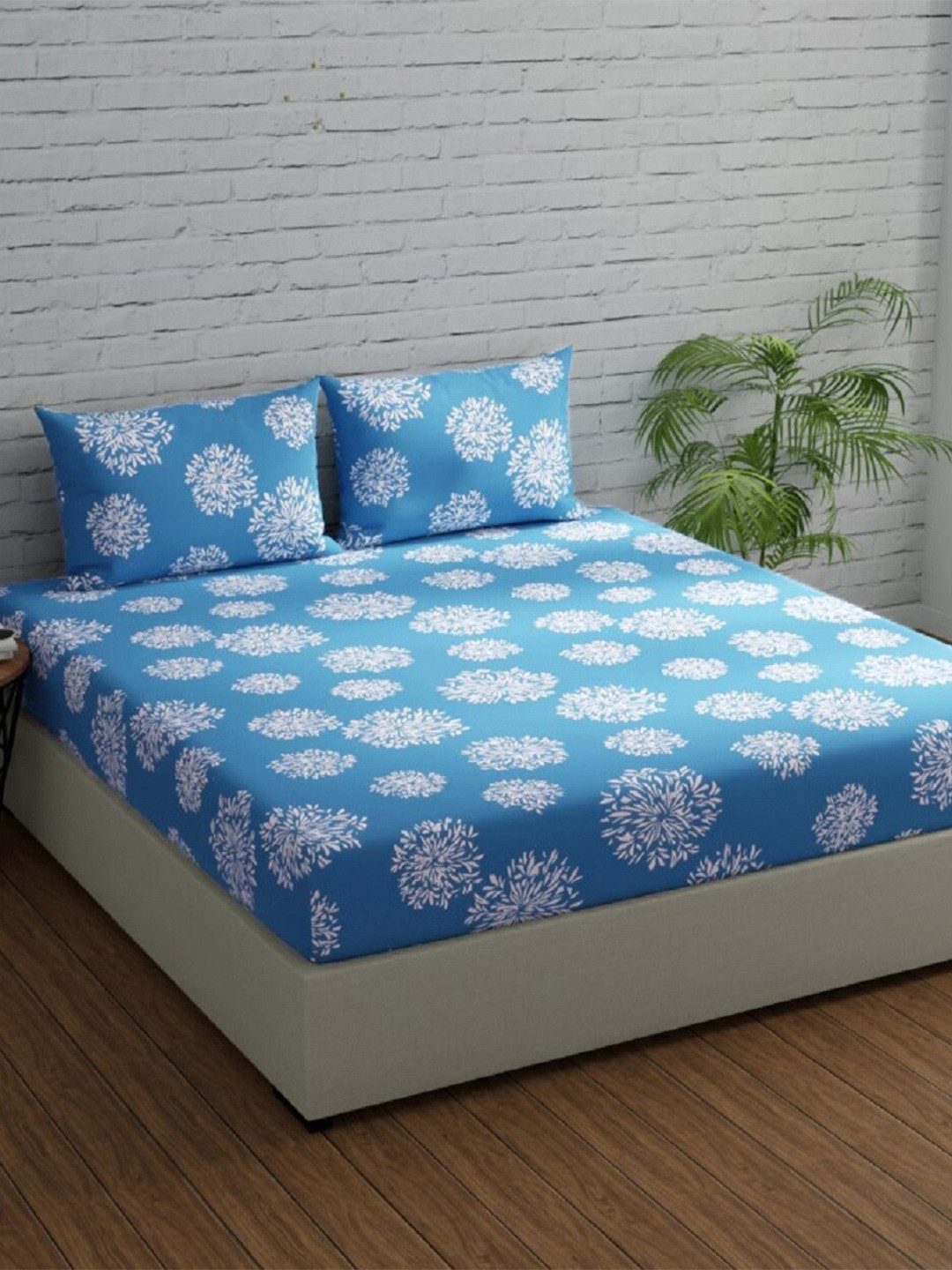 Huesland Comfort Blue Floral Cotton 144 TC King Bedsheet with 2 Pillow Covers-108 x 108 inches