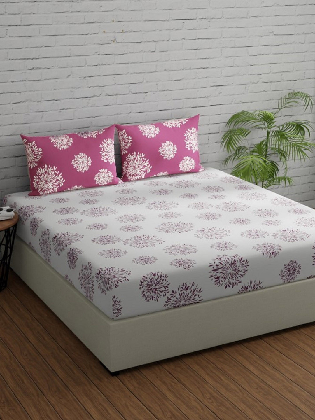 Huesland Comfort White Floral Cotton 144 TC Queen Bedsheet with 2 Pillow Covers-96 x 88 inches