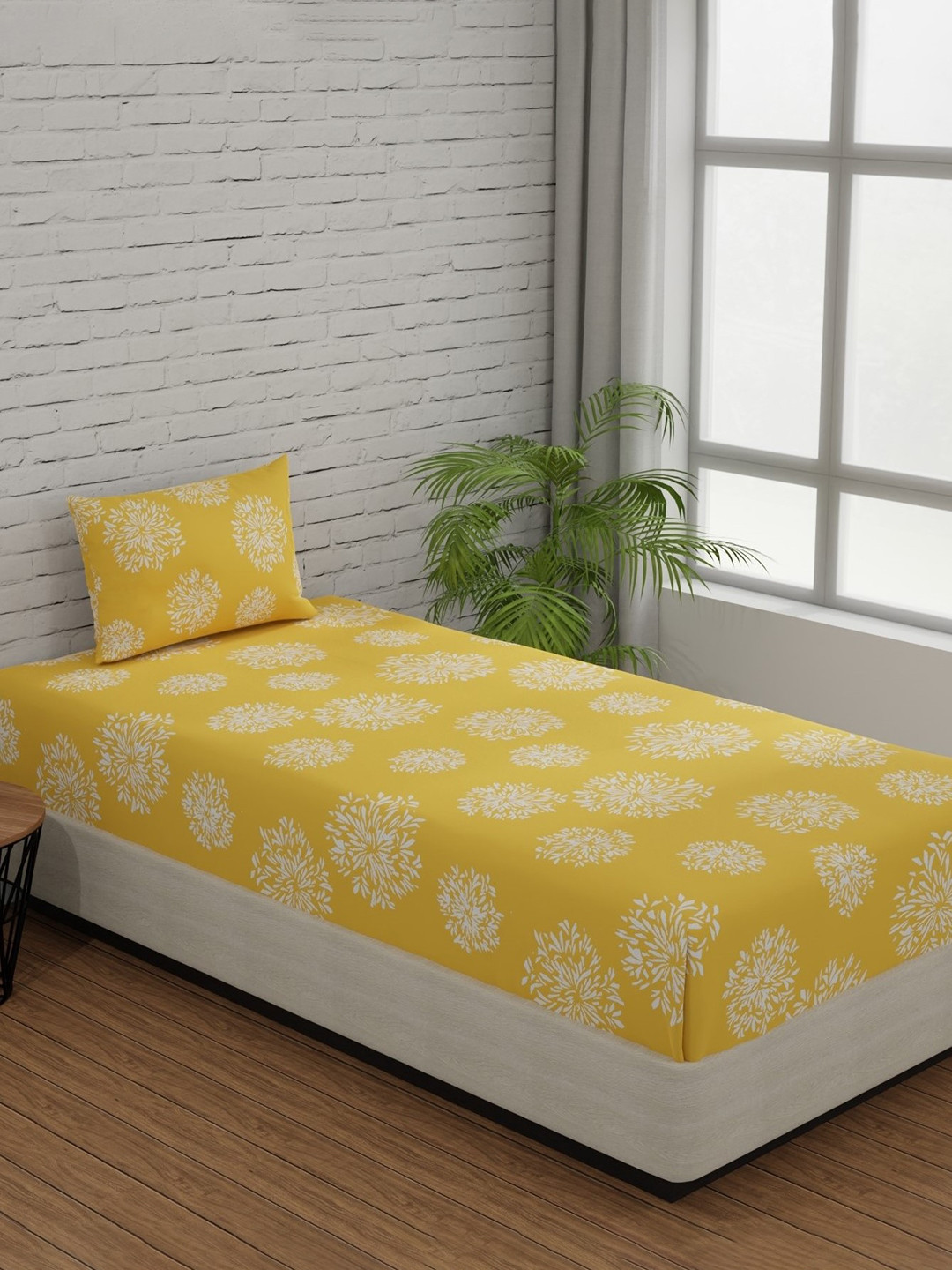 Huesland Yellow Floral Cotton 144 TC Single Bedsheet with a Pillow Cover-88 x 55 inches