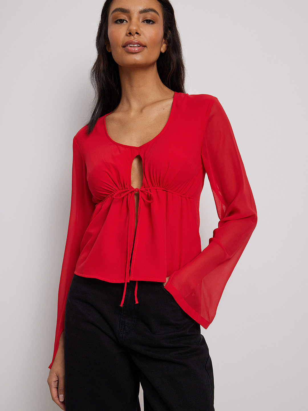 NA-KD Cut-Out Tie-Up Detail Flared Sleeves Top