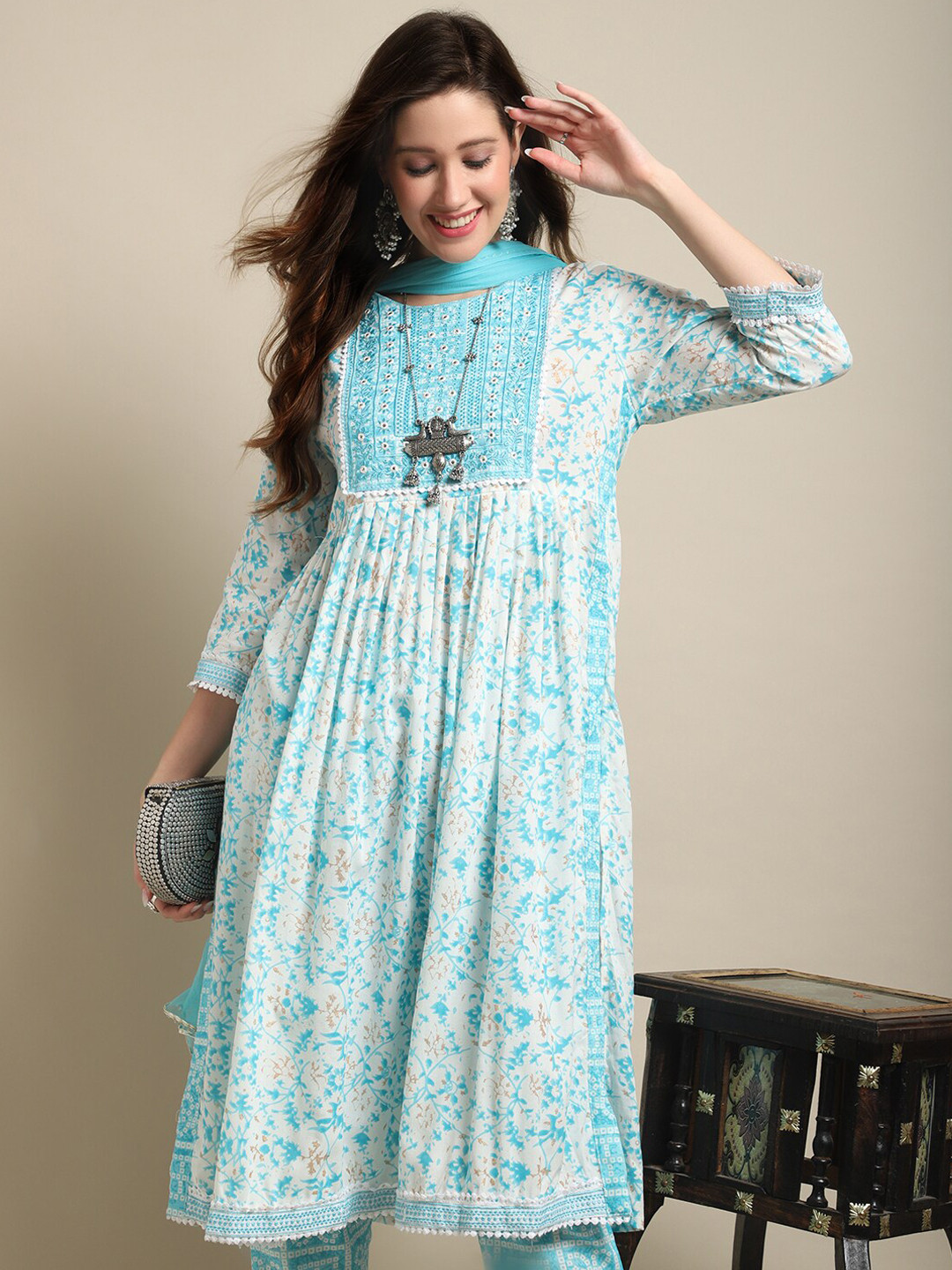 Sangria Turquoise Blue & White Printed Mirror Work A-Line Kurta With Trouser & Dupatta