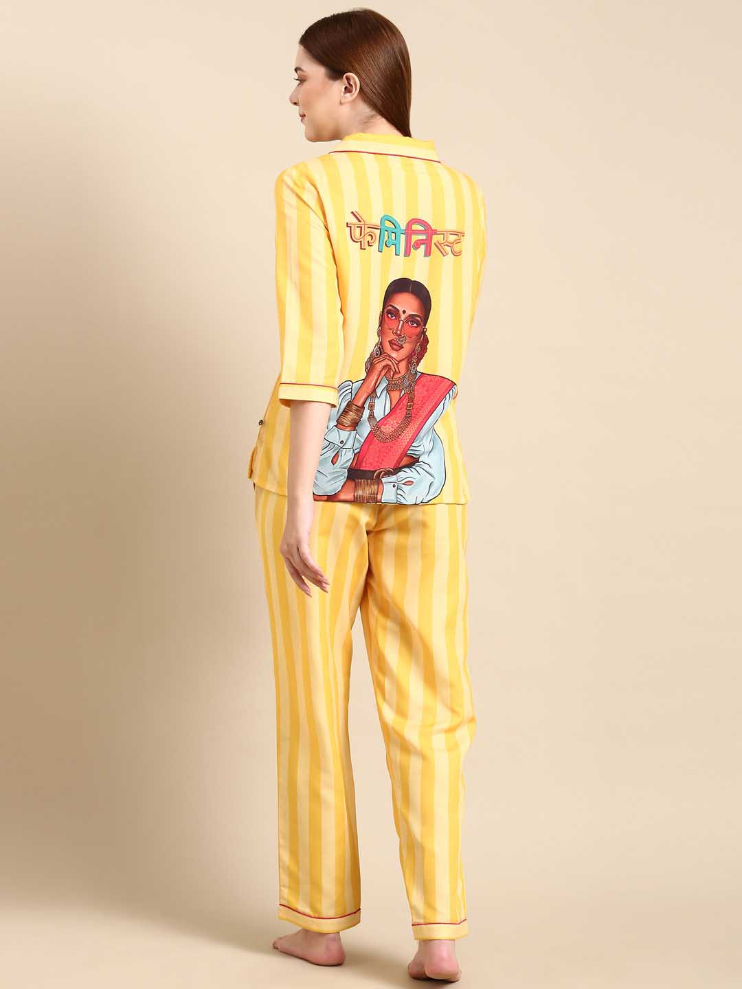 Bannos Swagger Yellow & Red Striped Night Suit