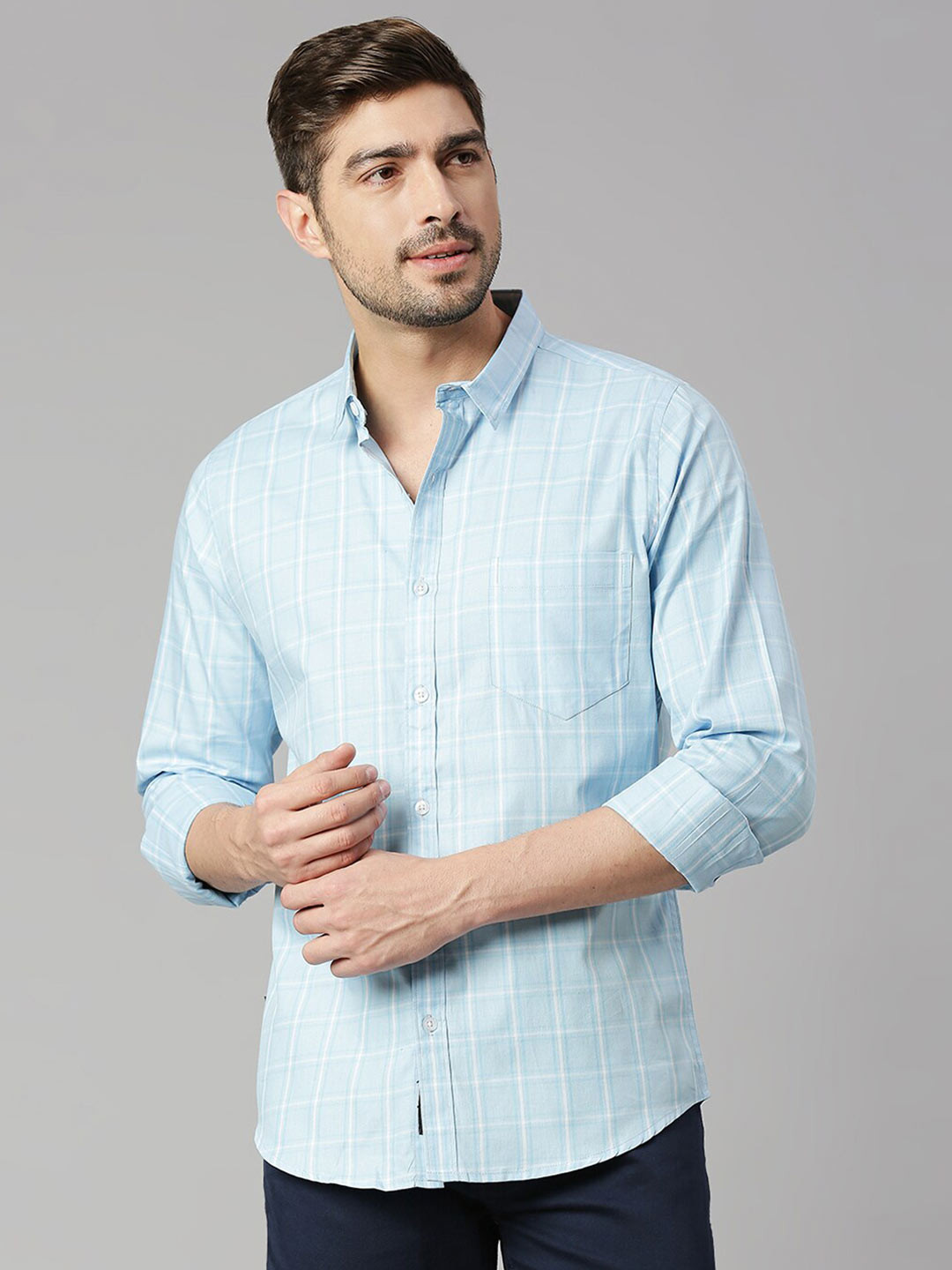 Thomas Scott Windowpane Checked Spread Collar Classic Slim Fit Casual Cotton Shirt