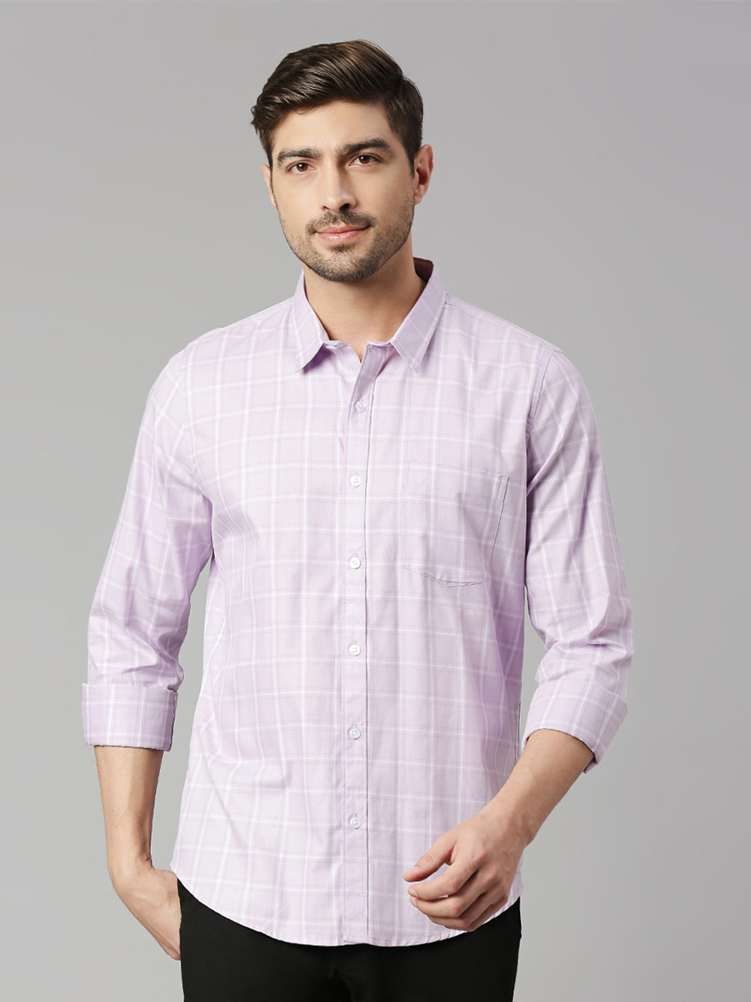 Thomas Scott Windowpane Checked Spread Collar Classic Slim Fit Casual Cotton Shirt