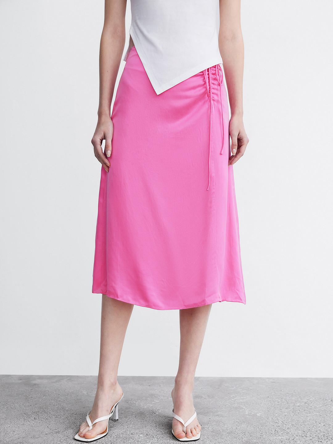 Urban Revivo Satin Ruched Flared Midi Skirt