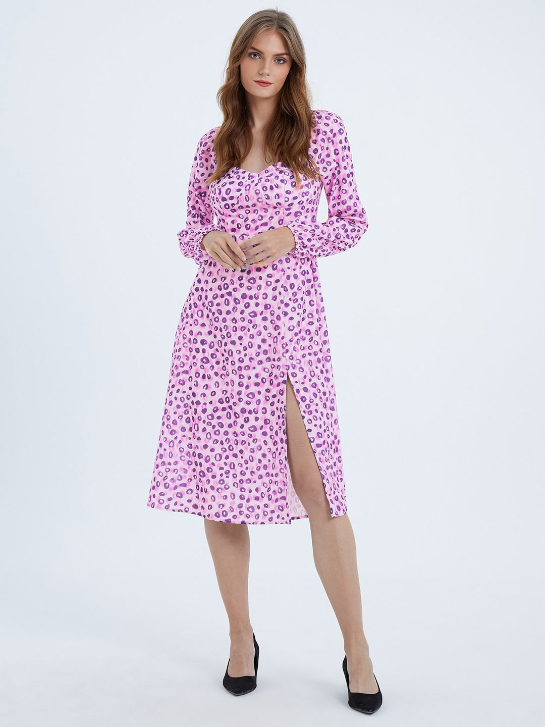 Urban Revivo Animal Print Puff Sleeve A-Line Dress