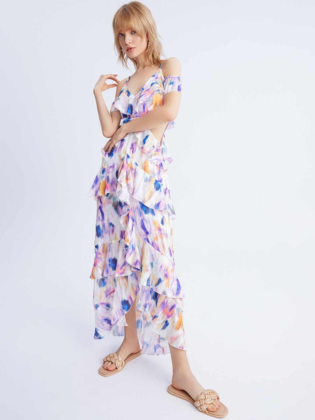 Urban Revivo Cut-Out Tiered Ruffle Detail Printed Maxi Dress