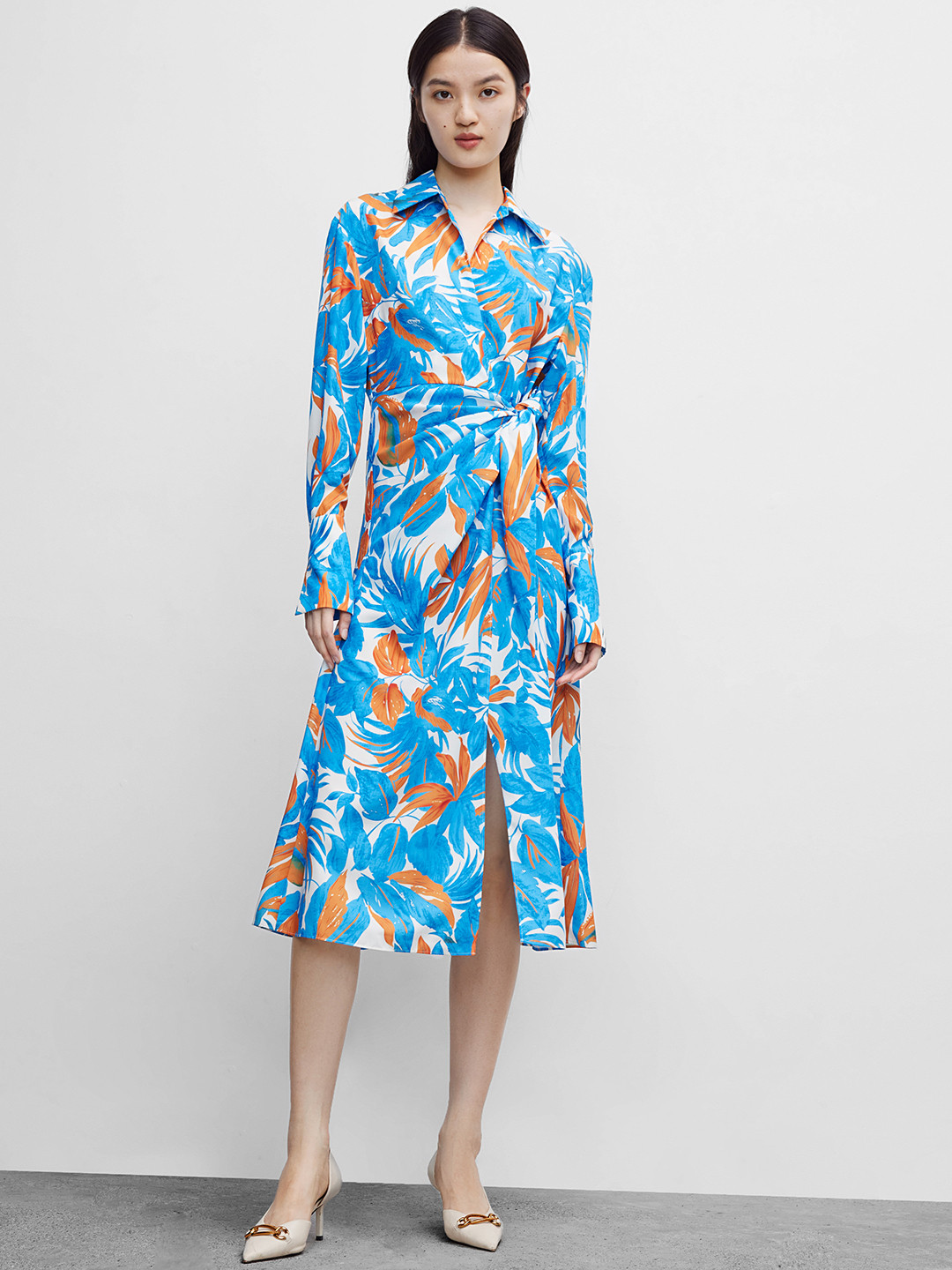 Urban Revivo Tropical Print Twisted Front Wrap Midi Dress