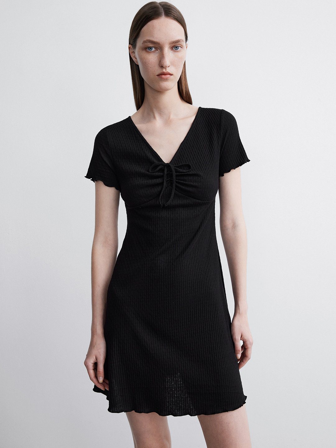 Urban Revivo Lettuce Trim Tie-Up Front Knitted Dress