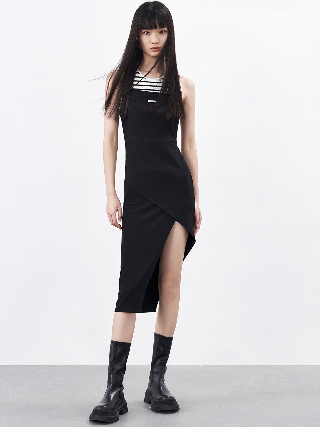 Urban Revivo Asymmetric Hem Layered Ribbed Sheath Midi Dress