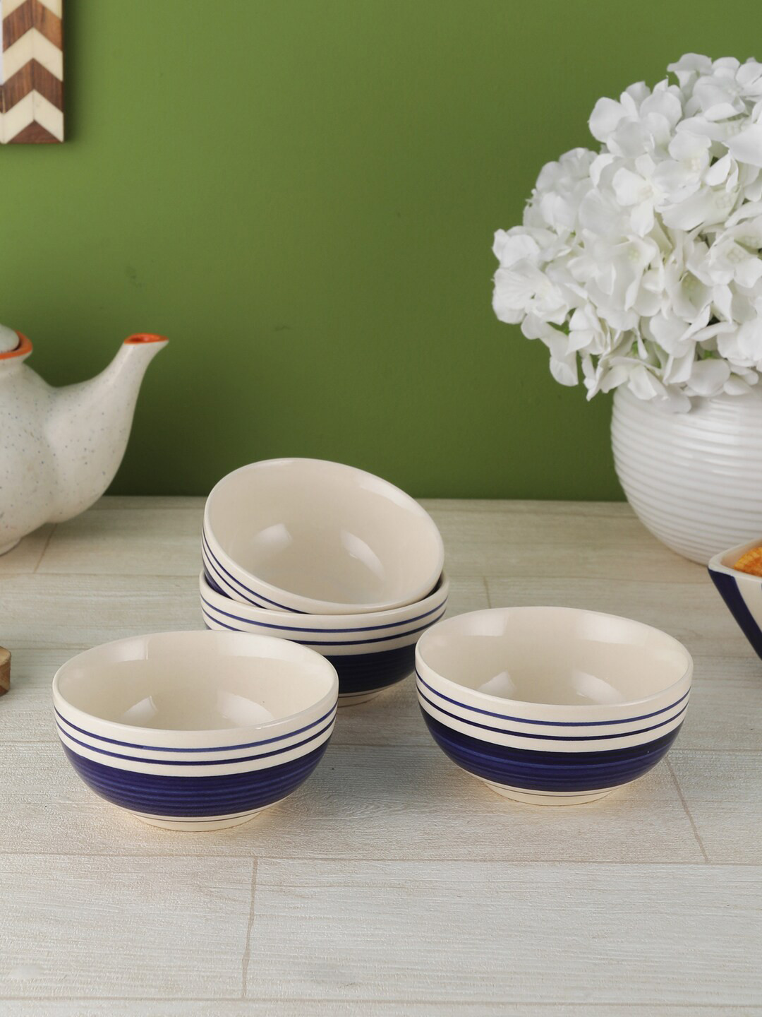VarEesha Indigo Blue & Cream-Coloured 4 Pieces Printed Ceramic Glossy Bowls 150 ml Each