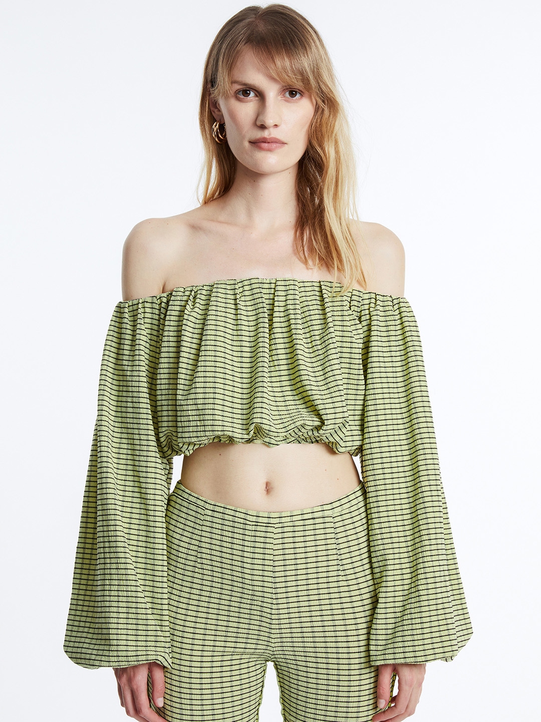 Buy Urban Revivo Striped Off Shoulder Puff Sleeve Bardot Crop Top