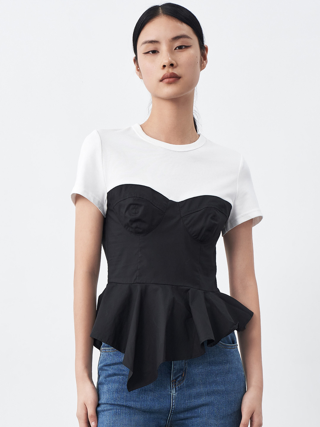 Urban Revivo Cotton Peplum Combination Ruffled Crop Top