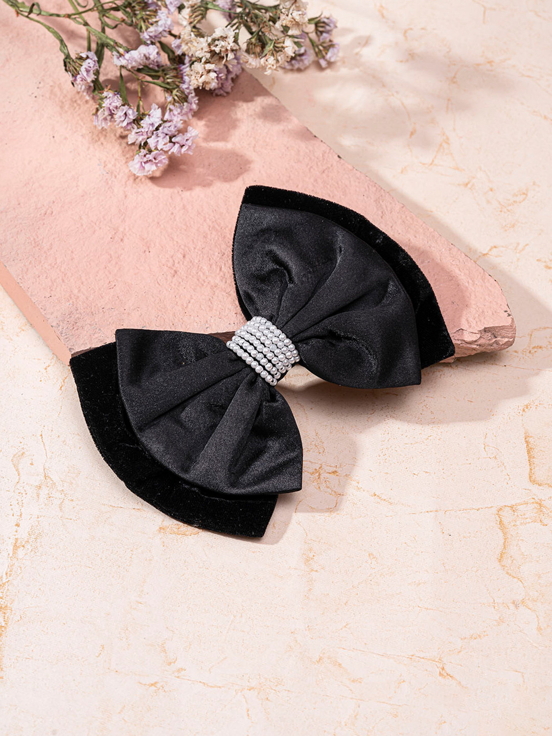 Hair Drama Co. Women Black Velvet Alligator Clip Hair Bow with White Beads