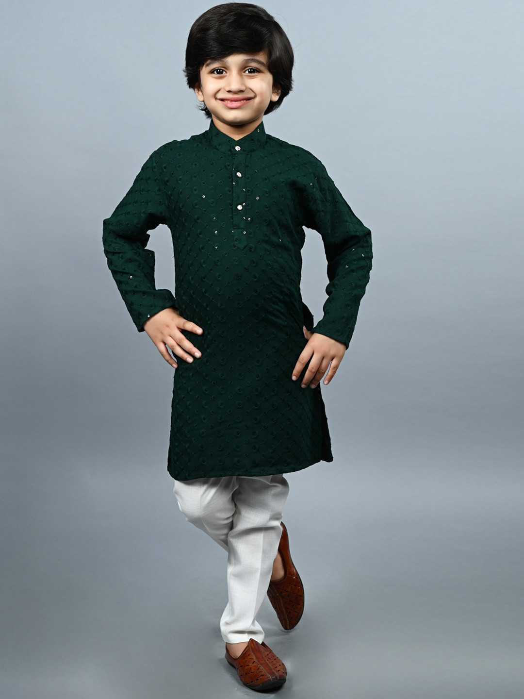 ahhaaaa Boys Geometric Embroidered Band Collar Kurta With Pyjamas