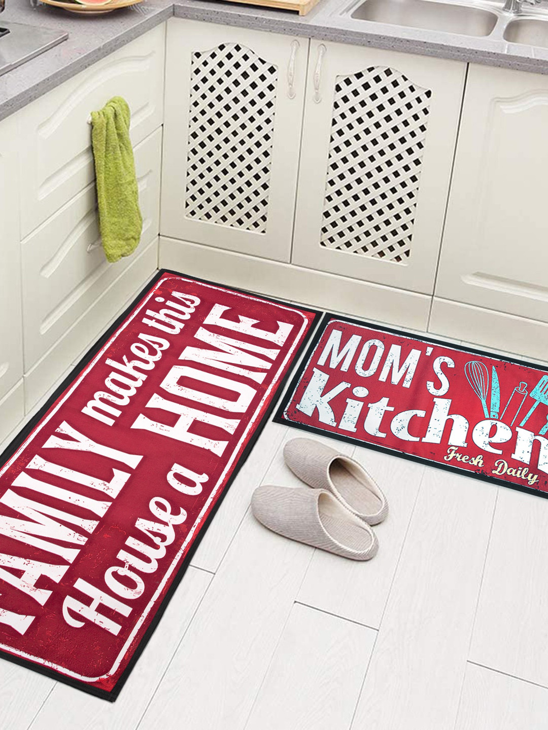 AAZEEM Red & White 2-Pieces Typography Printed Anti-Skid Floor Mat & Runner