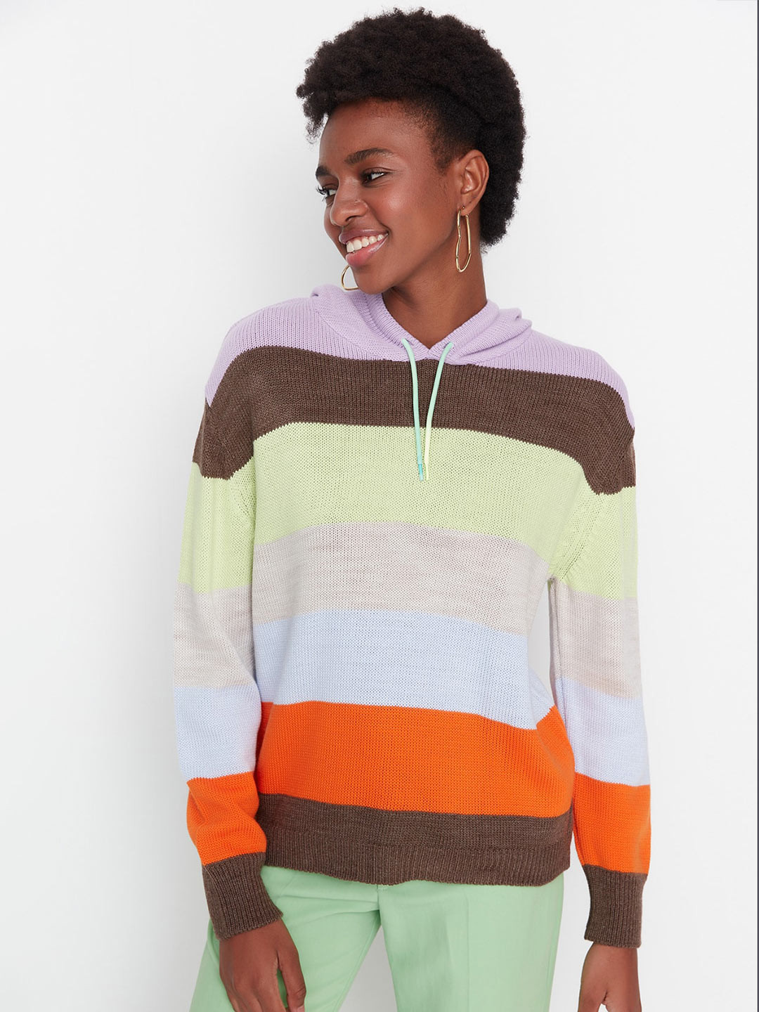 Trendyol Striped Acrylic Hooded Sweatshirt