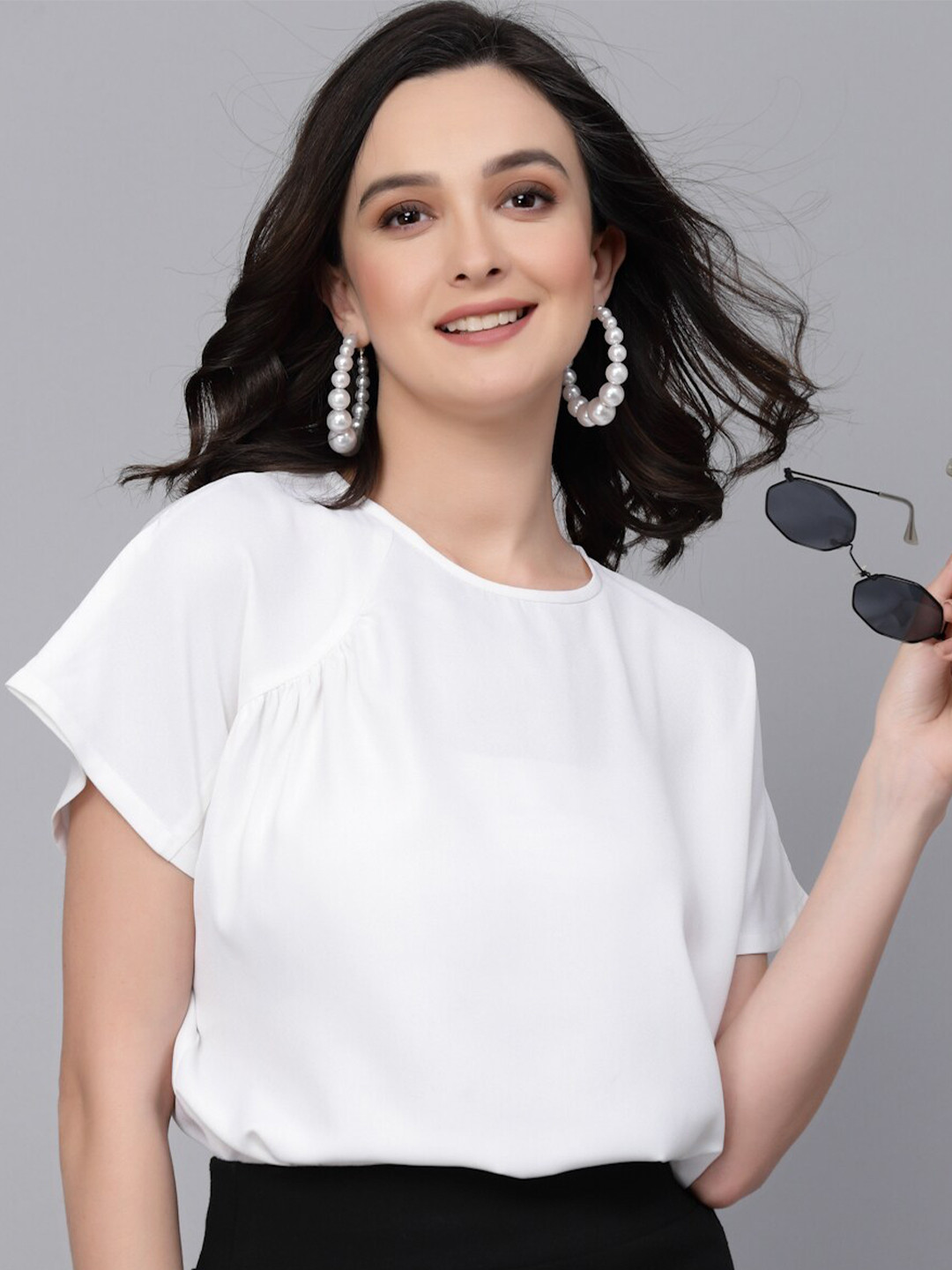 Style Quotient White Extended Sleeves Round Neck Top