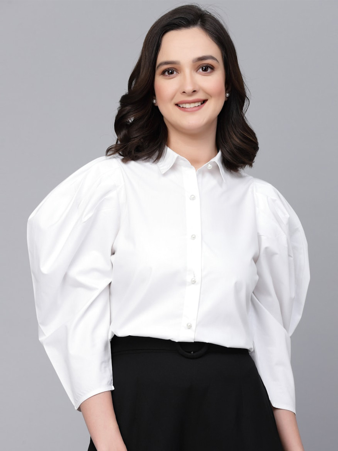 Style Quotient White Spread Collar Puff Sleeves Smart Cotton Casual Shirt