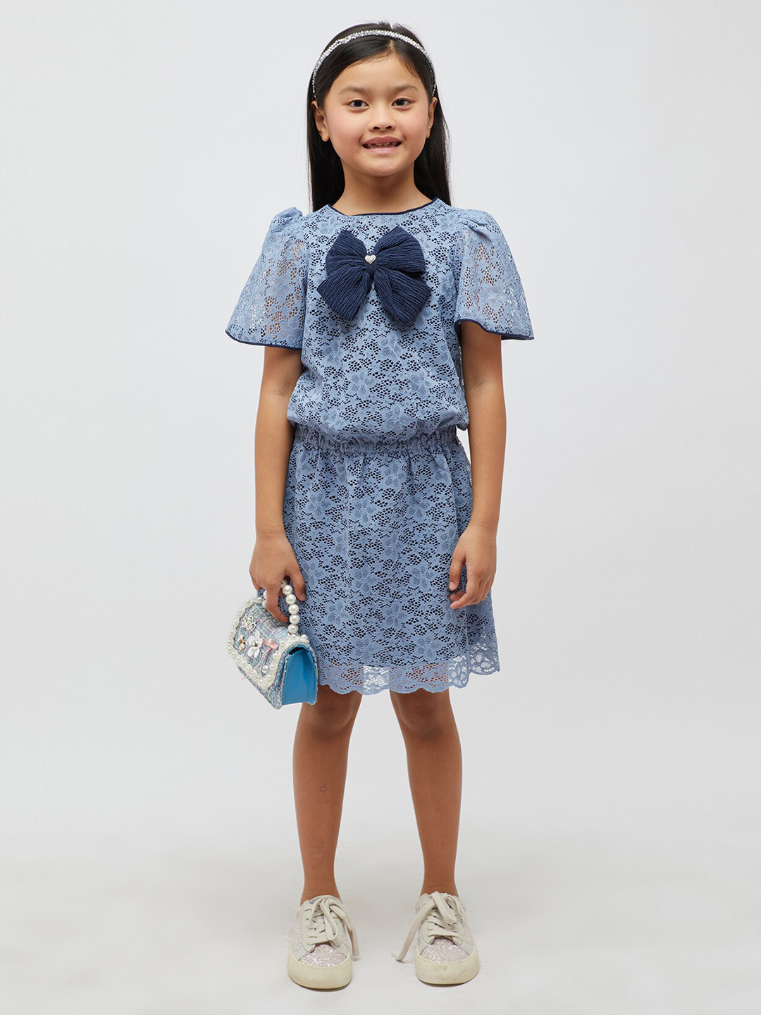 One Friday Girls Print Blue Self Design Bow Detail Lace Flared Sleeve Blouson Dress