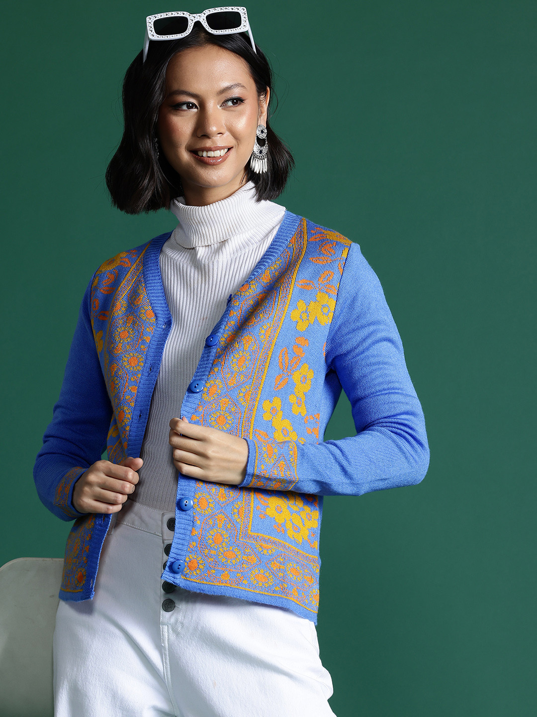 Sangria Acrylic Floral Self Design Cardigan