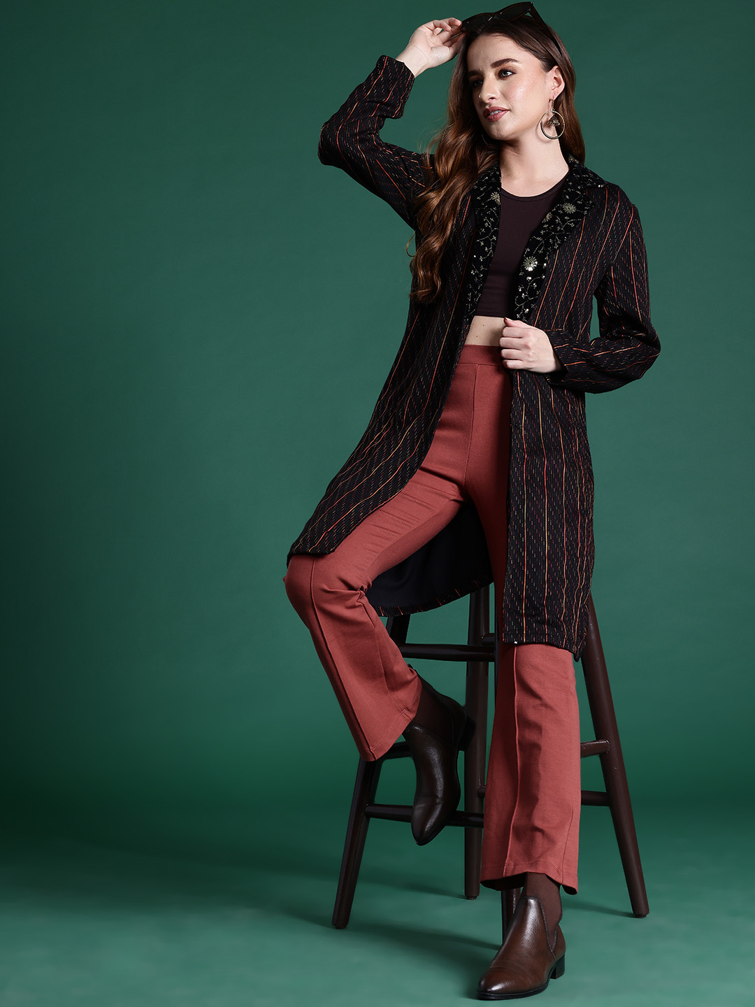 Sangria Sequin Embellished Notched Lapel Collar Front Buttoned Longline Ethnic Jacket