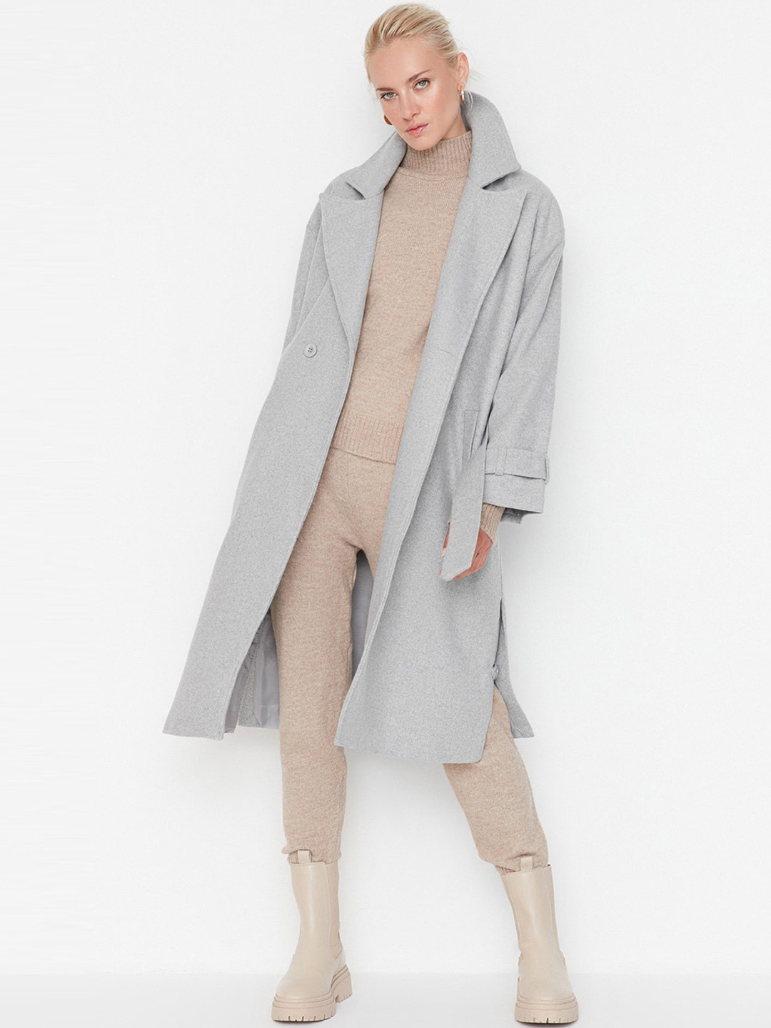 Trendyol Women Double-Breasted Knee-Length Trench Coat