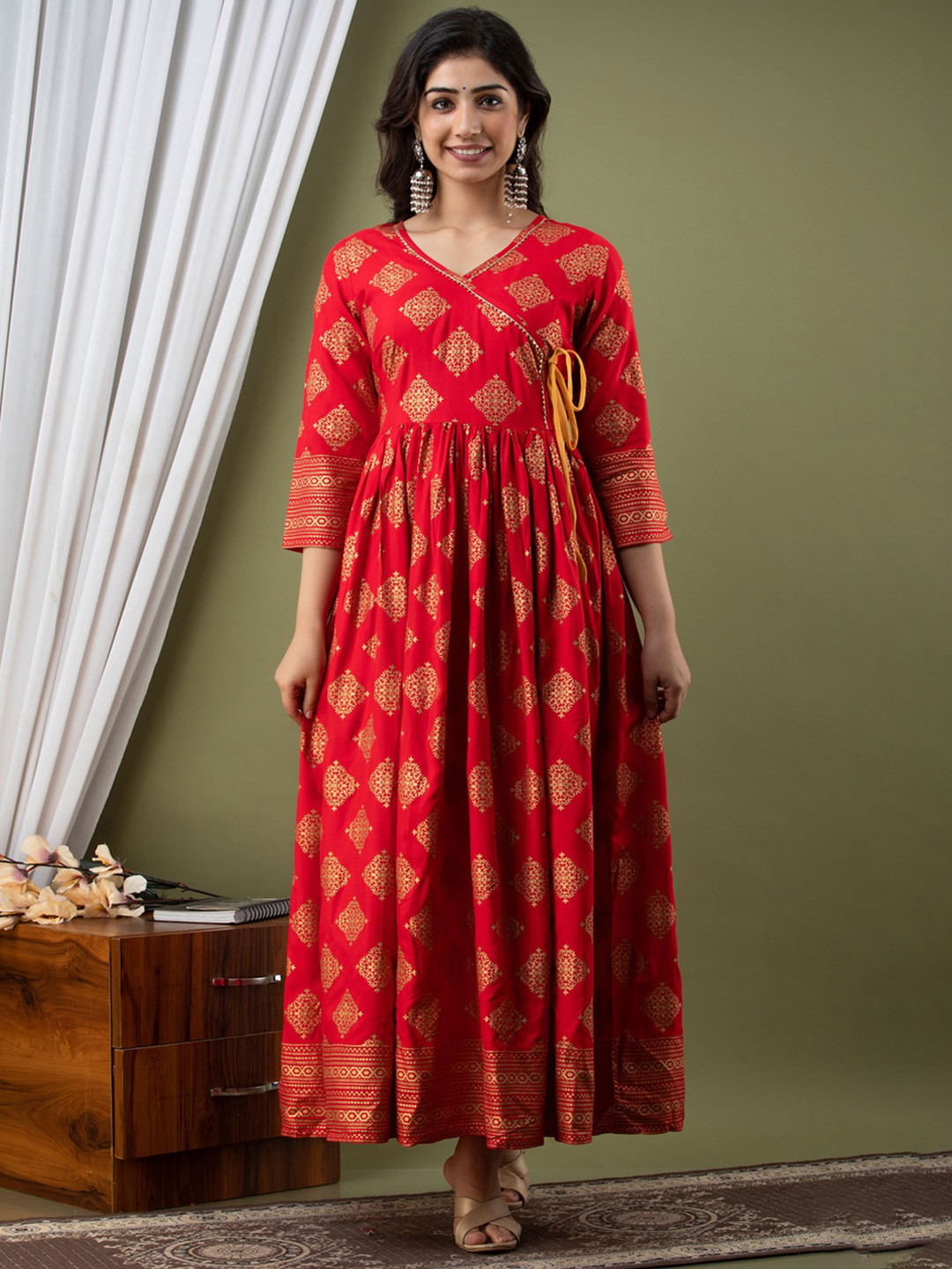 SURHI Ethnic Motifs Printed Tie Ups Detail Wrap Ethnic Dress