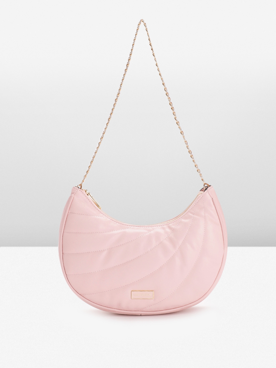 Pink Solid Leather Hobo Bag Half Moon Over The Shoulder Bags