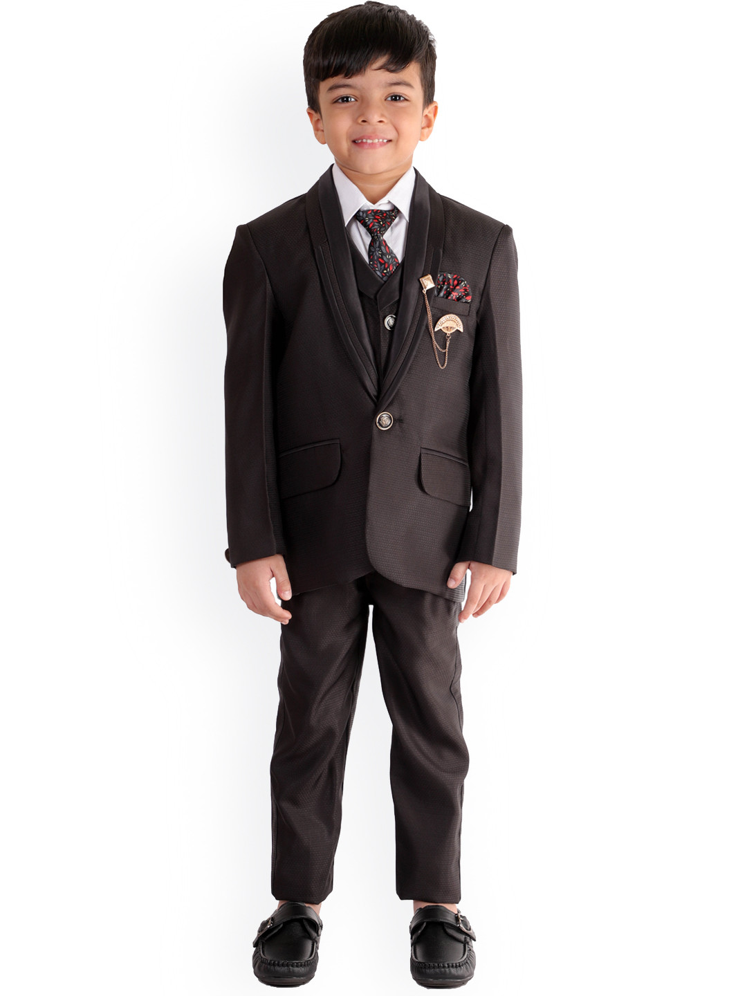 FOURFOLDS Boys 5-Piece Self Design Single-Breasted Formal Suit