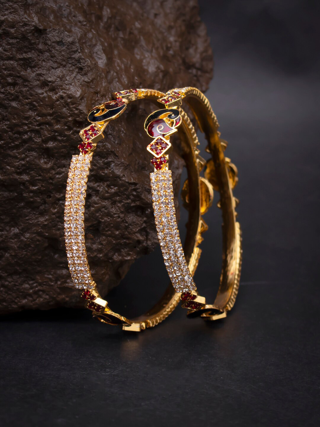 Sukkhi Set Of 2 Gold-Plated White AD-Studded Meenakari Peacock Bangles