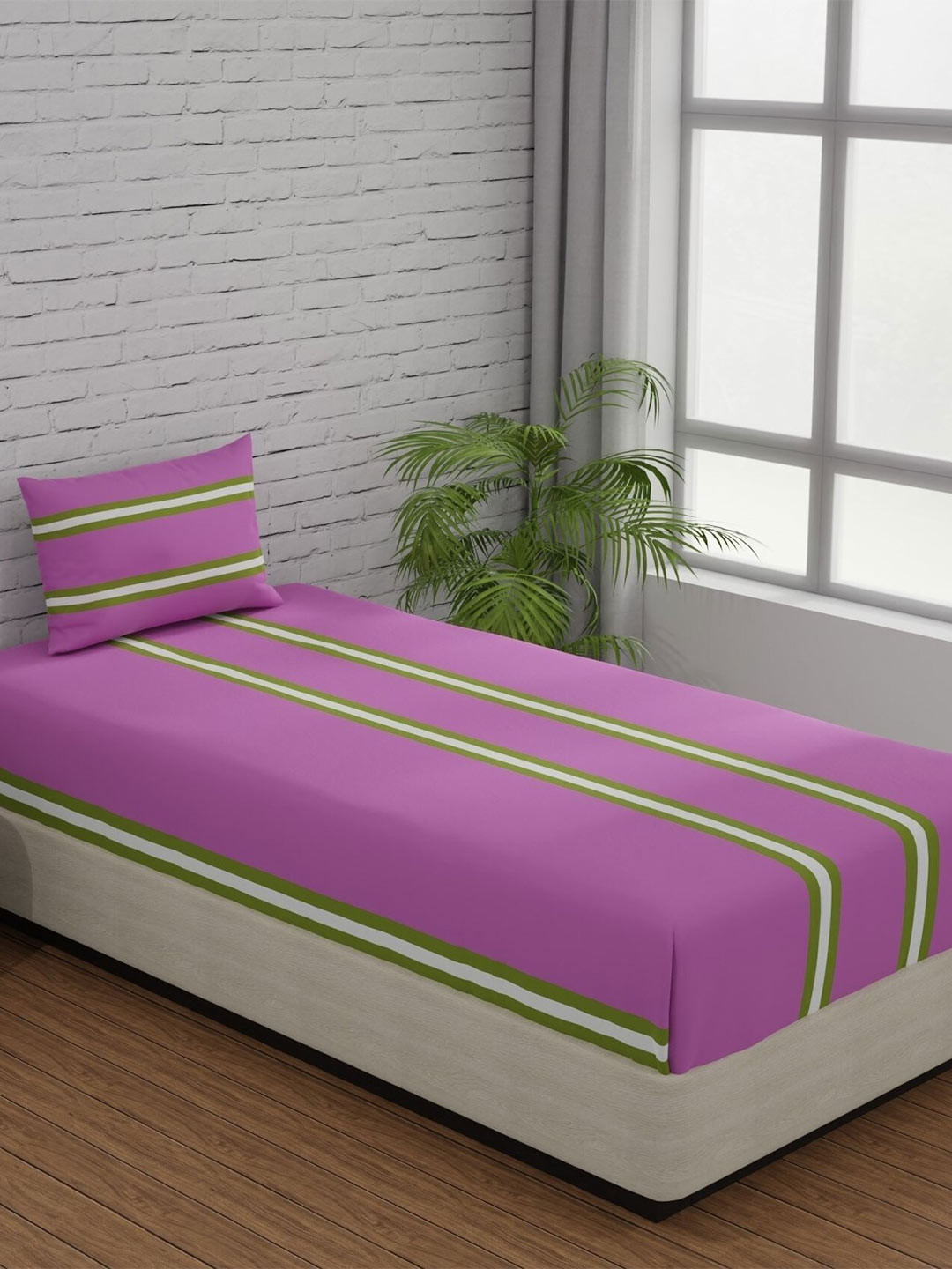 Huesland Pink Striped Cotton 144 TC Single Fine Bedsheet with a Pillow Cover-89 x 55 inches