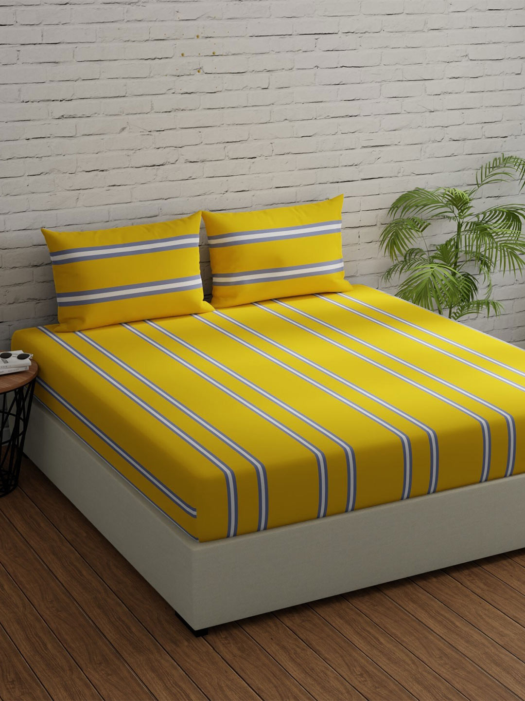 Huesland Comfort Yellow Striped Cotton 144 TC Queen Bedsheet with 2 Pillow Covers-244 x 223 cm