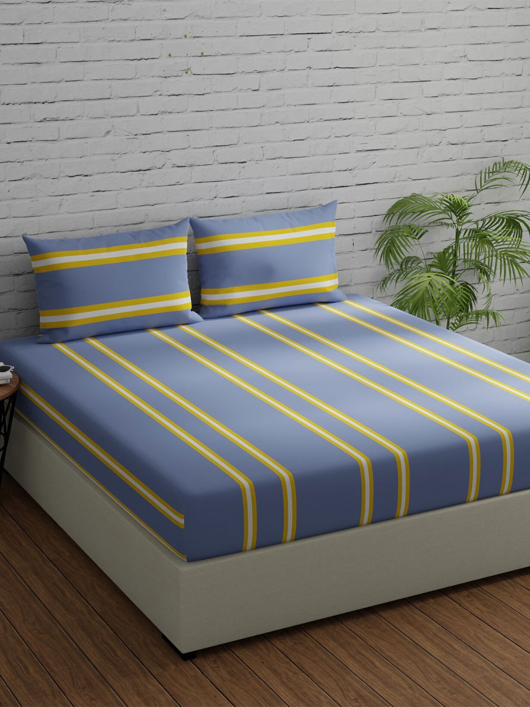 Huesland Comfort Blue Striped Cotton Skin-Friendly 144 TC King Bedsheet with 2 Pillow Covers-275 x 275 cm