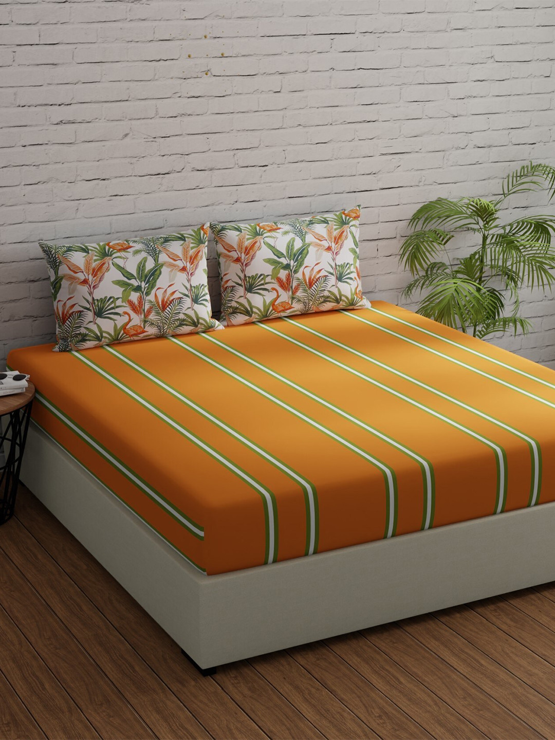 Huesland Orange Striped Cotton Light Weight 144 TC Queen Fine Bedsheet with 2 Pillow Covers-96 x 88 inches