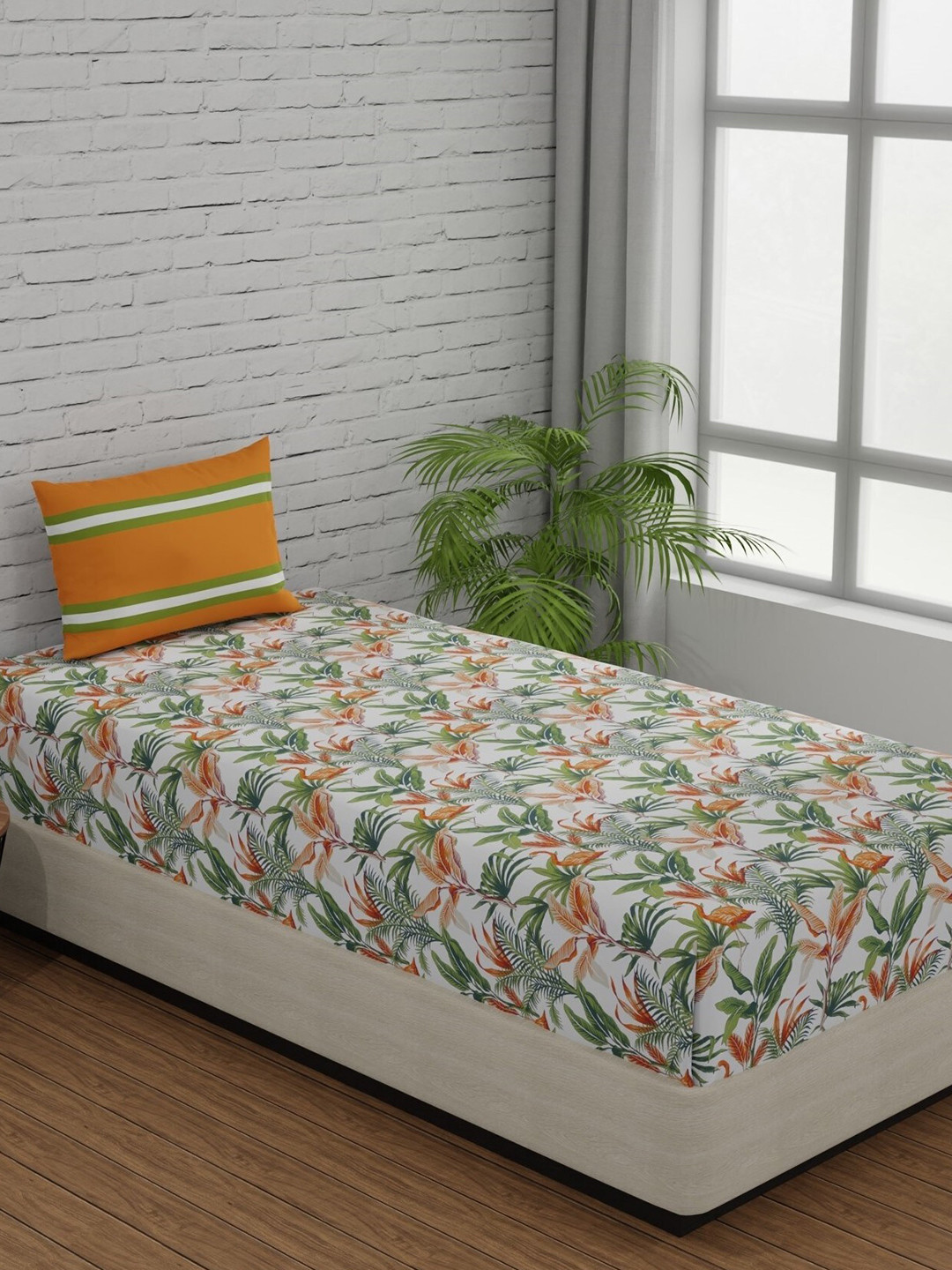 Huesland Comfort Orange & White Printed 144 TC Cotton Single Bedsheet & 1 Pillow Cover
