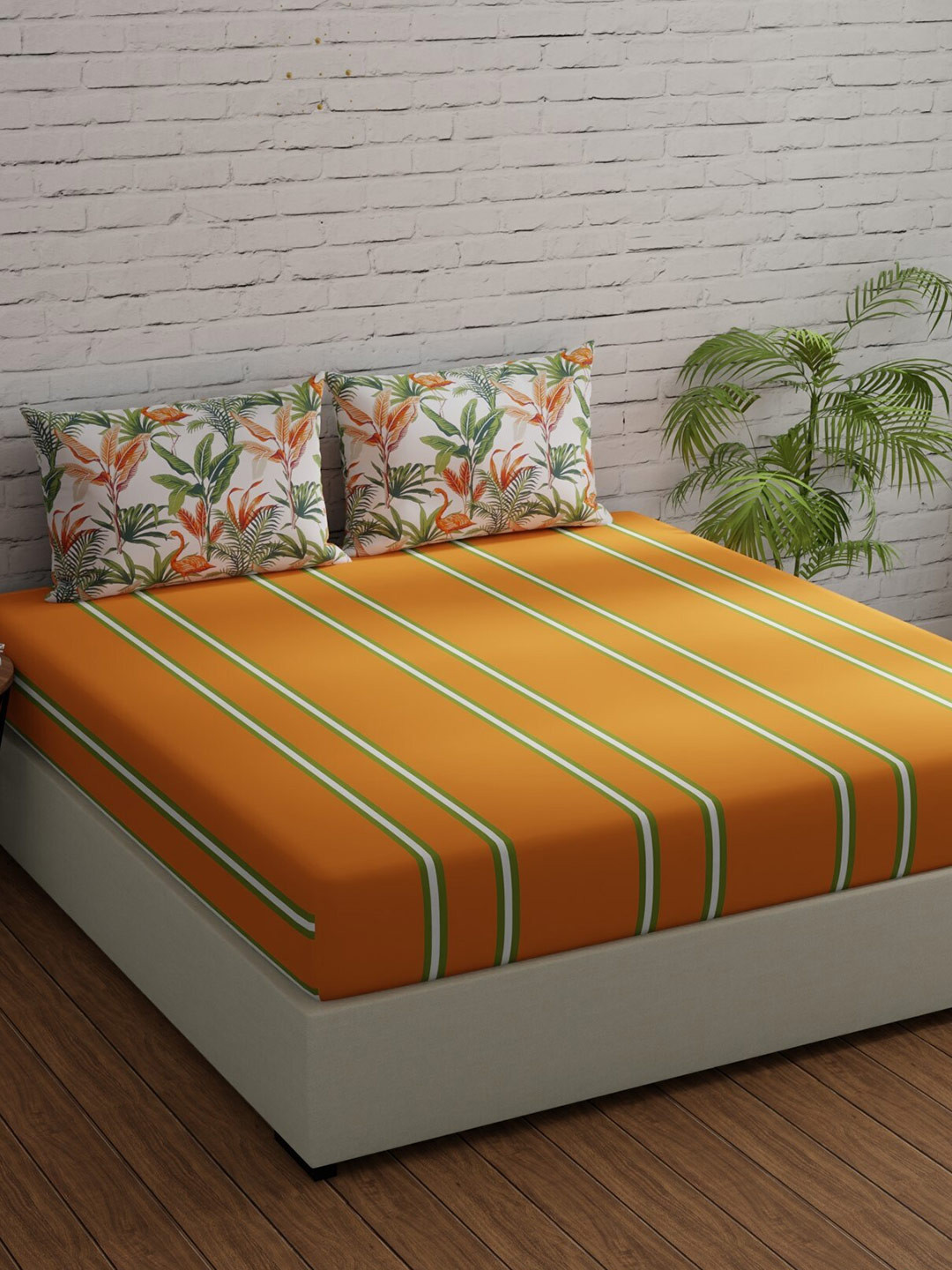 Huesland Casem Orange Striped Cotton 144 TC King Bedsheet with 2 Pillow Covers-108 x 108 inches