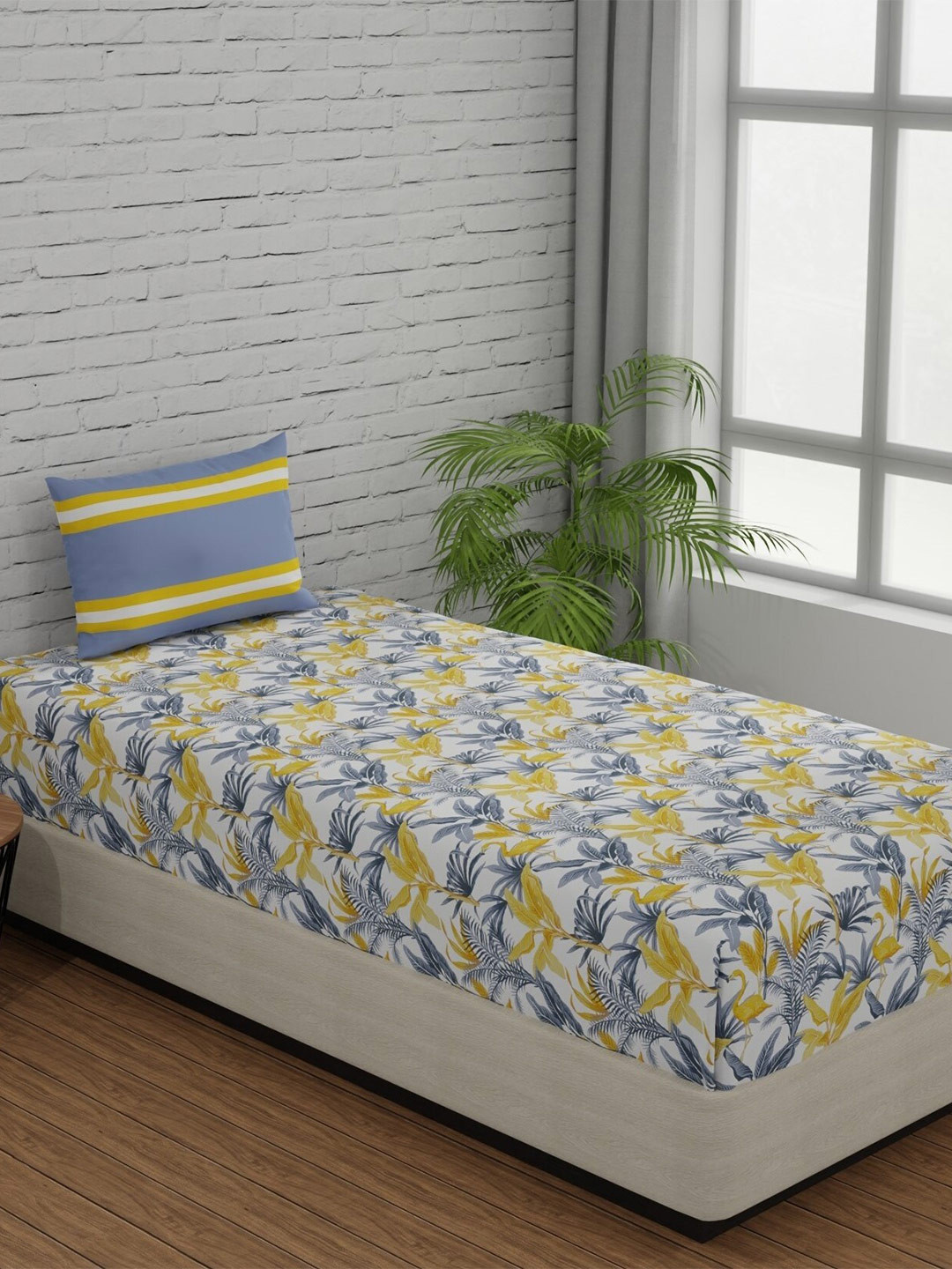 Huesland Comfort White Leaf Cotton 144 TC Single Bedsheet with a Pillow Cover-90 x 55 inches