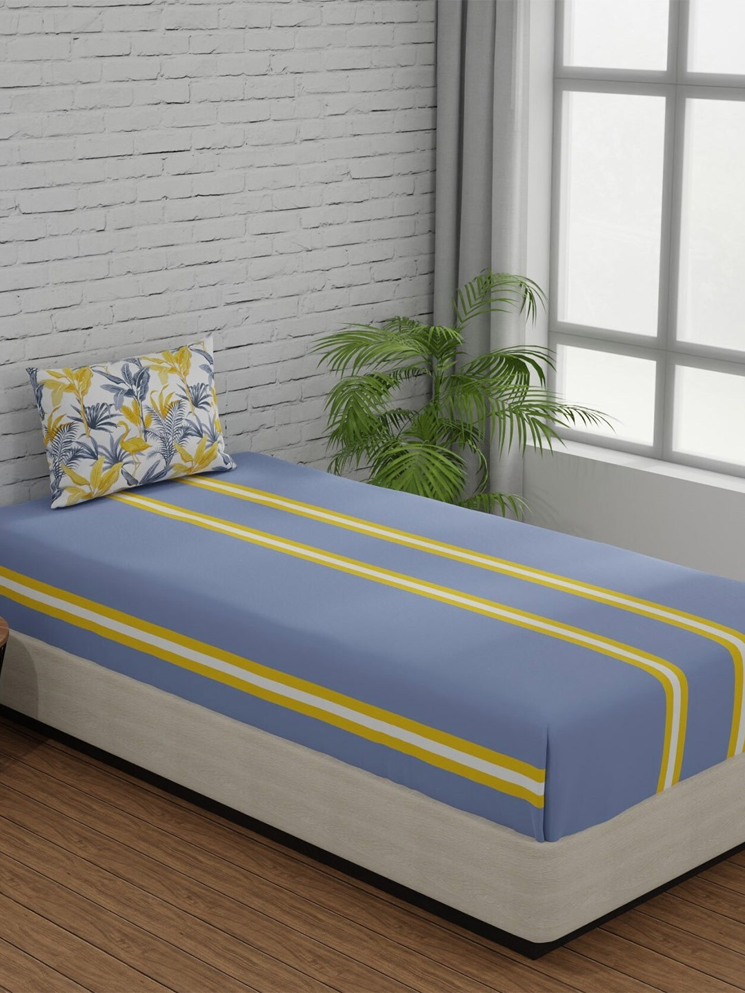 Huesland Comfort Grey & Yellow Striped 144 TC Cotton Single Bedsheet & 1 Pillow Cover