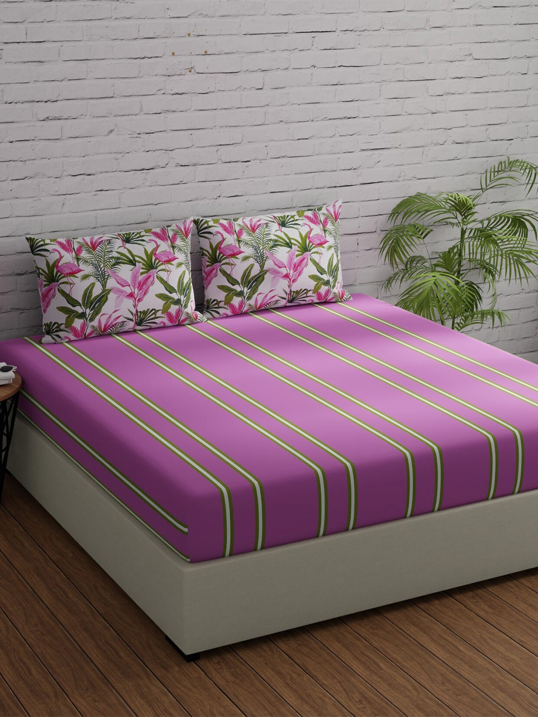 Huesland Comfort Pink Striped Cotton 144 TC King Fine Bedsheet with 2 Pillow Covers-108 x 108 inches