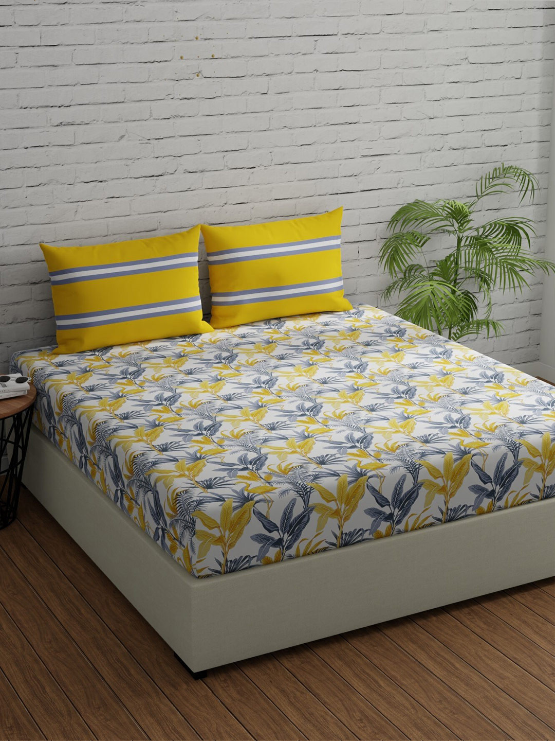 Huesland Yellow Floral Cotton 144 TC Queen Bedsheet with 2 Pillow Covers-243 x 223 cm