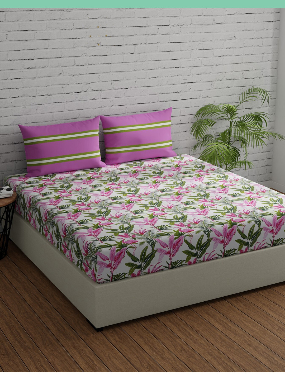 Huesland Comfort White Floral Cotton 144 TC King Bedsheet with 2 Pillow Covers-108 x 108 inches