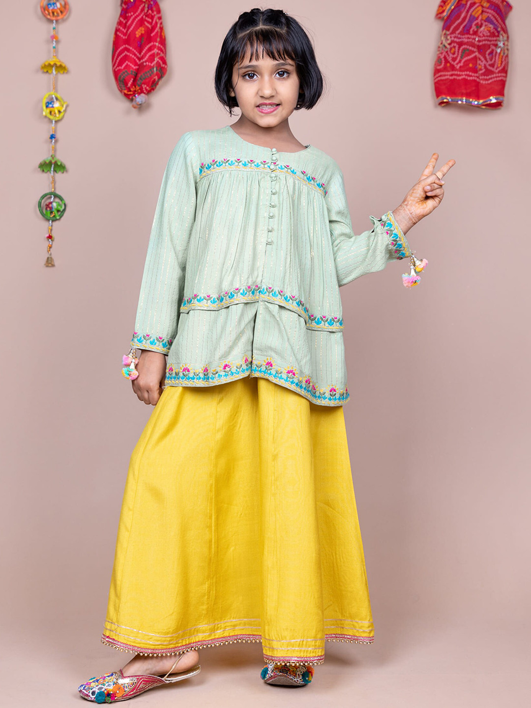 HERE&NOW Girls Green & Yellow Striped Thread Work A-Line  Kurti with Skirt